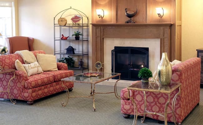 Cozy lounge area with two sofas and a fireplace