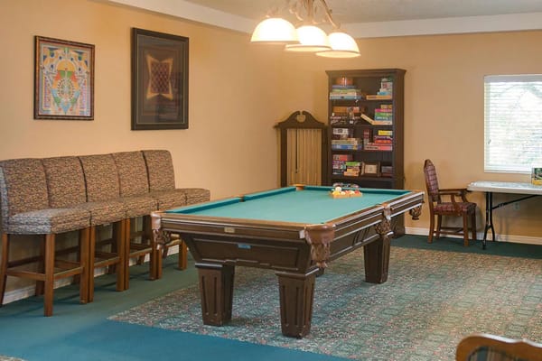 Billiards table surrounded by seating and shelves with games.