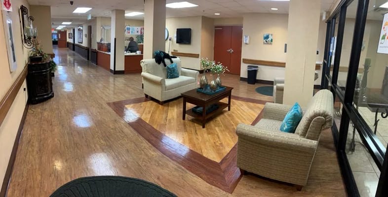 A welcoming common area with seating and decor