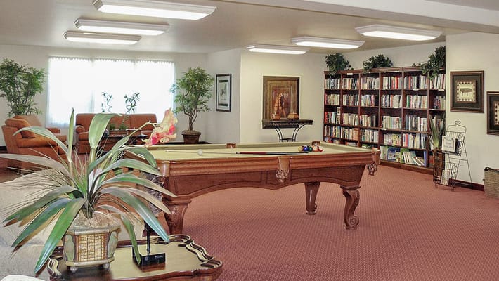 Common area with a pool table and bookshelves
