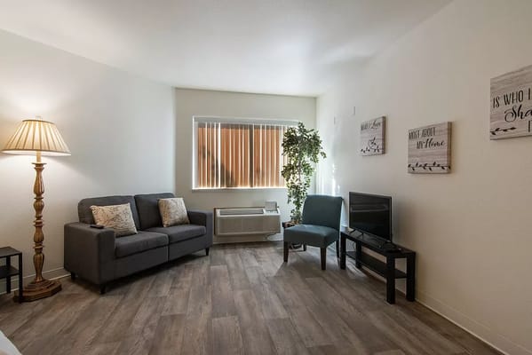 Comfortable living room featuring a couch, chair, and lamp