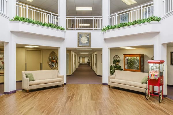 Spacious lobby with seating and decor