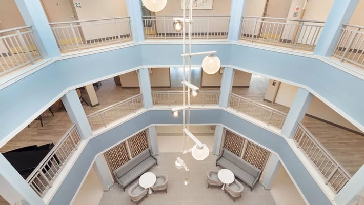 Interior view of a common area with seating