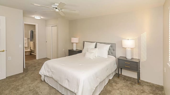 A well-decorated bedroom with a large bed and bedside table