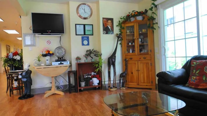 Bright lounge area with furniture and decorations