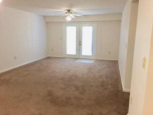 Empty living room with carpet and ceiling fan