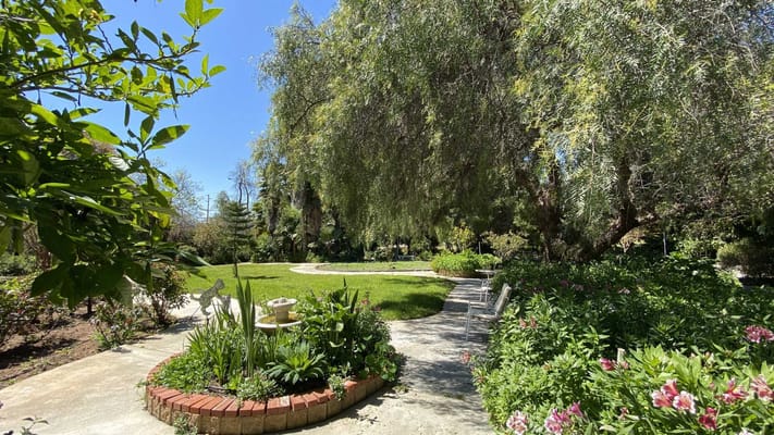 Lush garden with trees and walking path