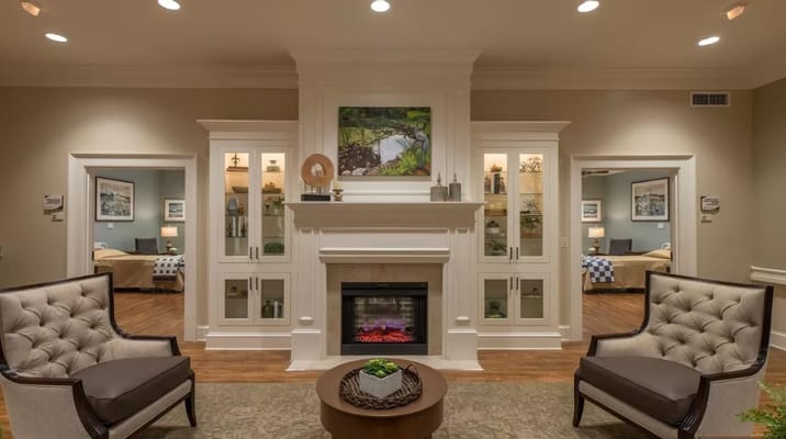 Interior view of a cozy common area with seating