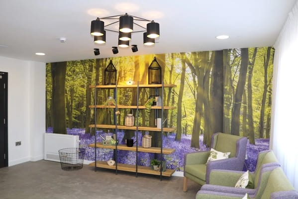 Common area with nature-themed decor and seating