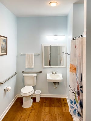 Bright and accessible bathroom with a toilet, sink, and shower