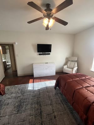 Well-furnished bedroom with two beds and a television