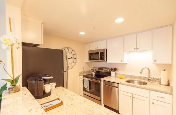 Bright interior kitchen with modern appliances and decor