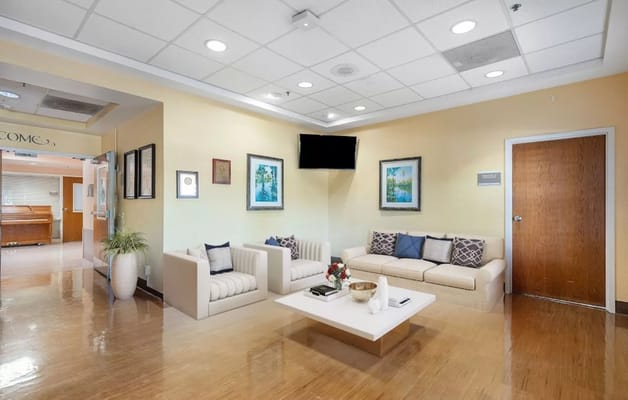 Cozy lobby seating area with modern decor