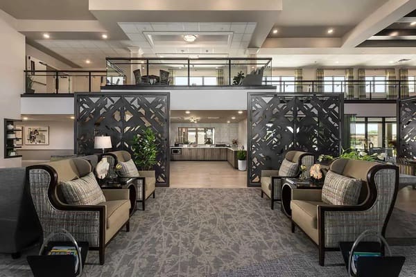 Elegant interior seating area in a senior living facility