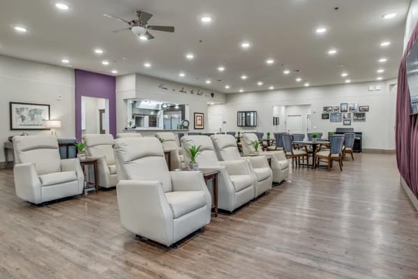 Bright common area with comfortable seating arrangements