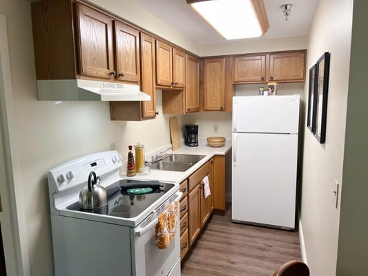 Interior view of a kitchen in a senior living facility.