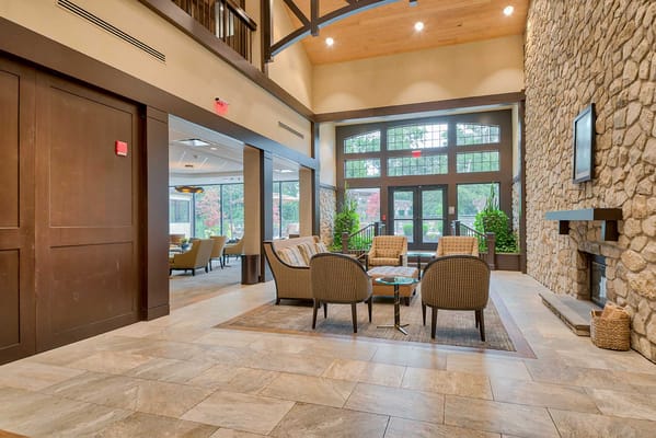 Interior view of a cozy common area with seating