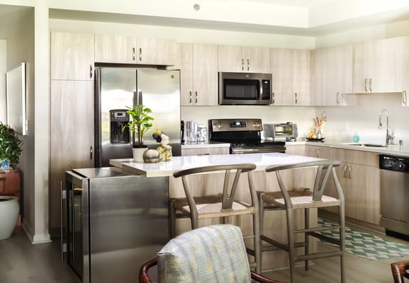 Contemporary kitchen featuring stainless steel appliances and wooden cabinetry