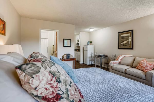 A well-furnished room with a bed, sofa, and kitchenette