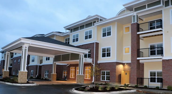Front entrance of the residential facility at dusk
