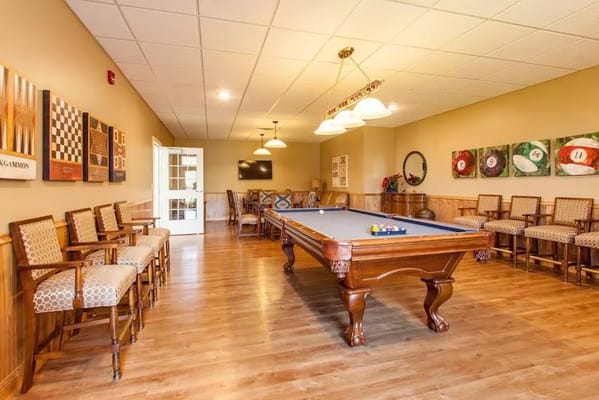 Billiards table in a cozy common area
