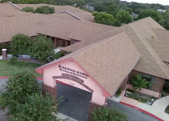 Aerial view of Kirkwood Manor's entrance and roof