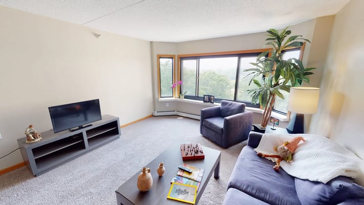 Cozy living area in a senior apartment with plants and modern furniture