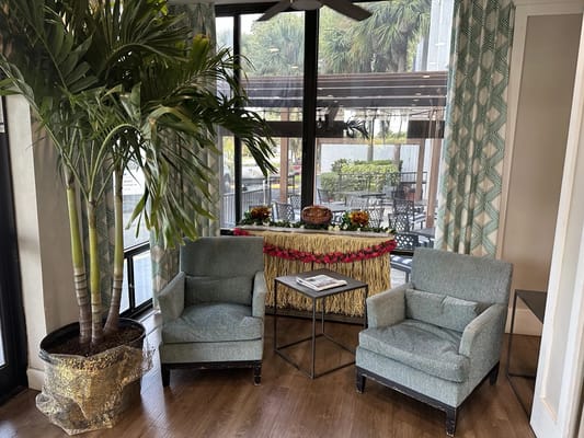 Cozy lounge area with chairs and plants