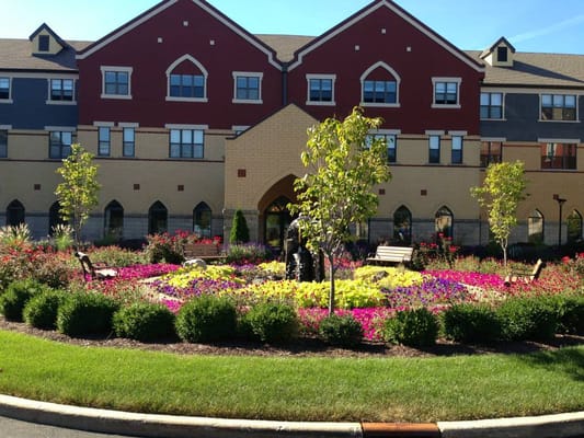 Beautiful outdoor garden with flowers and seating area