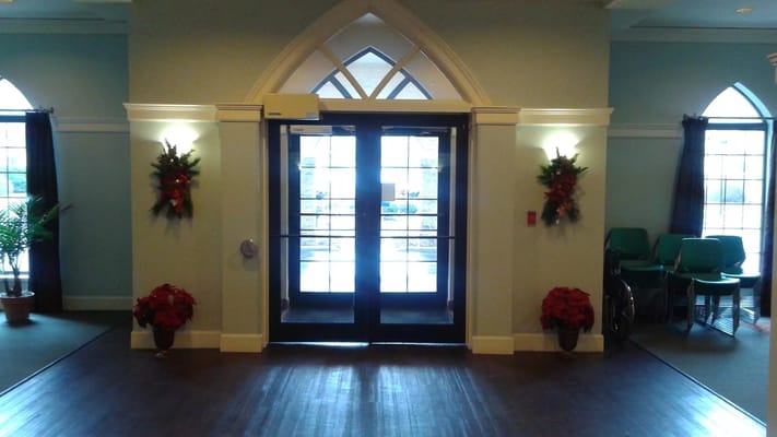 Interior view of a lobby with Christmas decorations