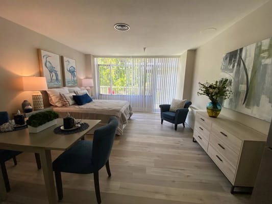 Cozy interior of a resident room with furniture