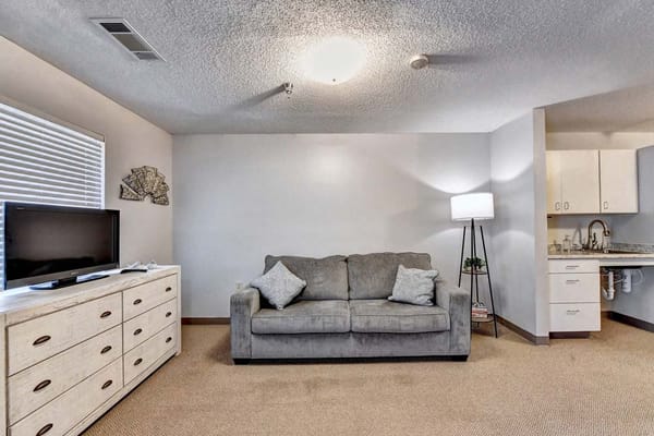 Cozy interior living space with a couch and kitchen area