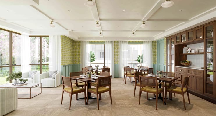Bright dining room with tables and seating