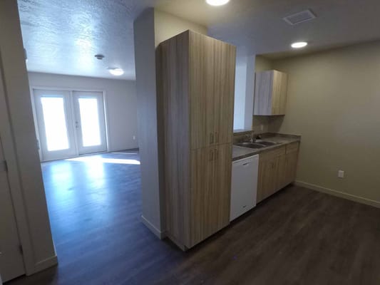 Interior view of an apartment kitchen and living area