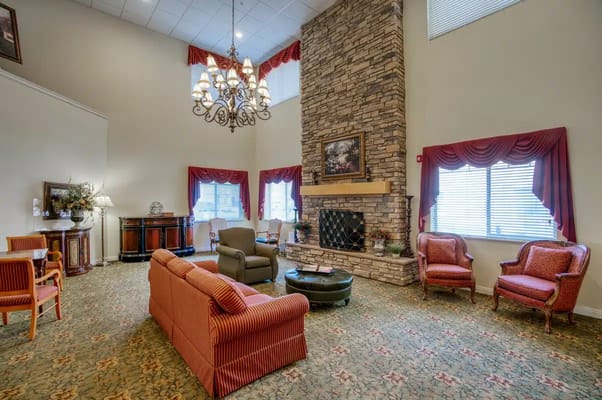 Interior lounge area with cozy seating and fireplace