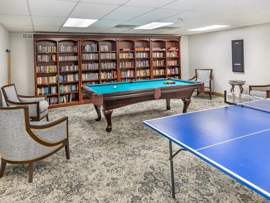 Interior recreation area with a pool table and bookshelves