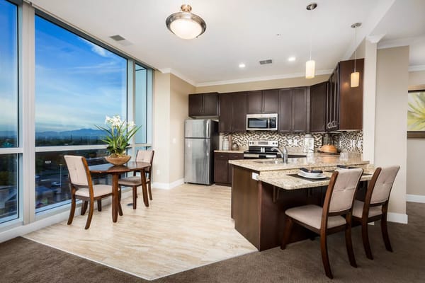 Bright kitchen and dining area with a view