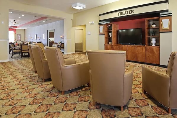 Cozy theater lounge with comfortable chairs and a television