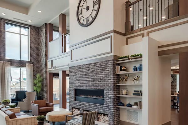 Interior lounge area with modern decor and fireplace