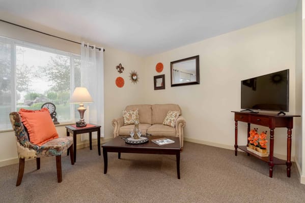 Comfortable living room with beige couch and decorative chair