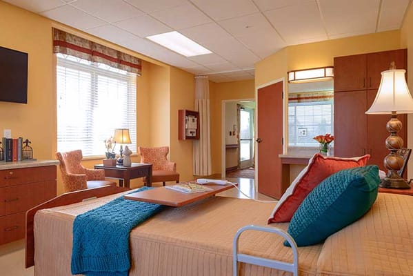 Well-appointed resident room in a senior living facility