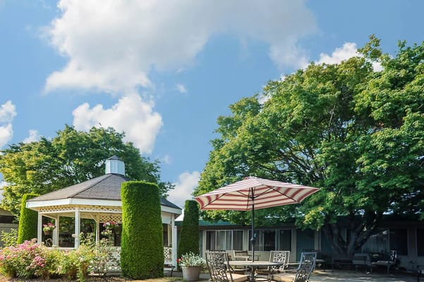 Outdoor seating area with gazebo and trees