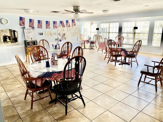 Bright dining area with themed decor and seating