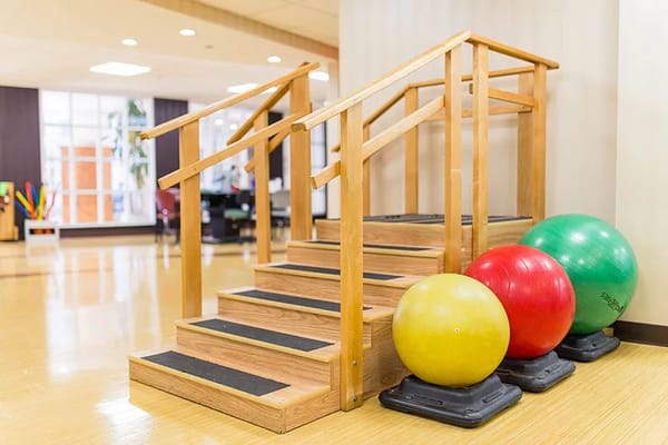 Stairway with exercise balls in a rehabilitation space