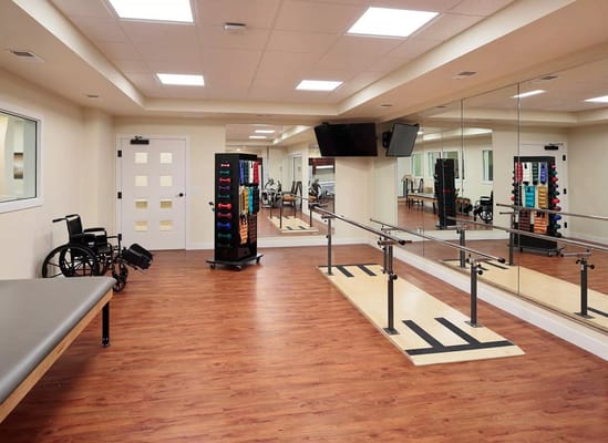 Therapy room with exercise equipment and mirrors