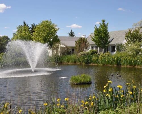 Exterior view of the facility with a pond and fountain