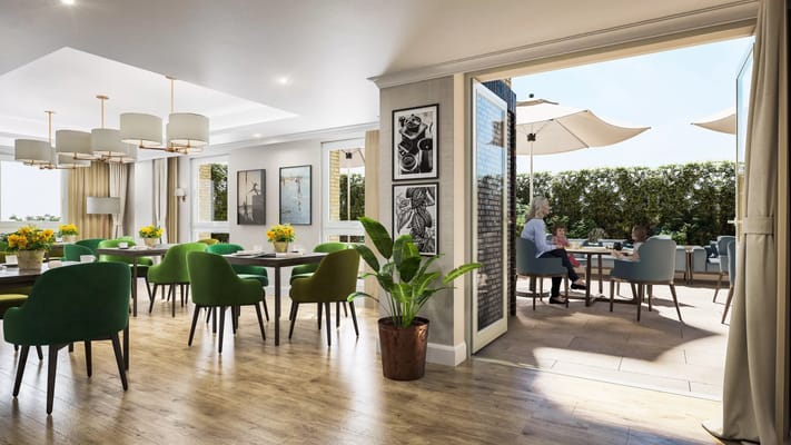 Bright dining area with residents enjoying outdoor space