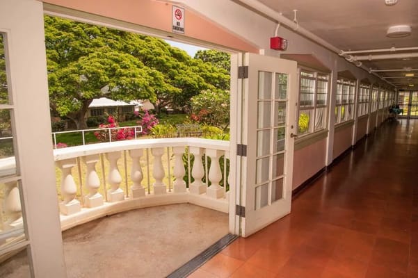 Open door to a balcony with a view of greenery and flowers