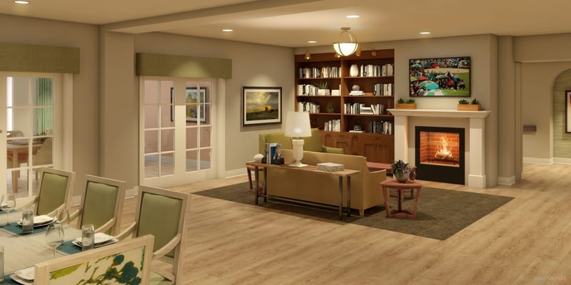 Interior common area with seating and a fireplace