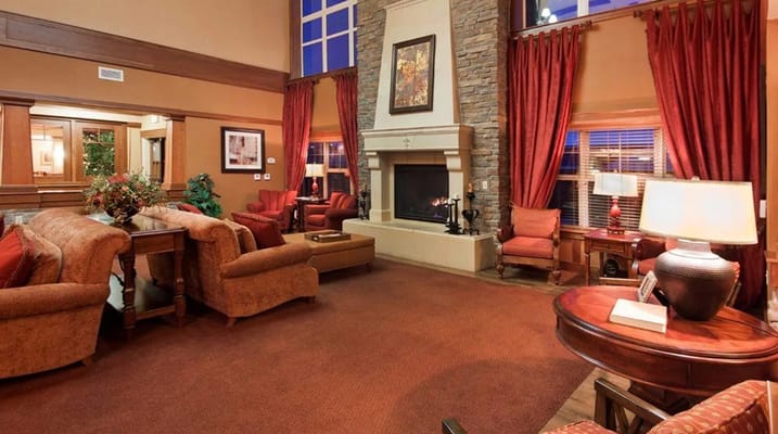 Cozy common area with fireplace and seating